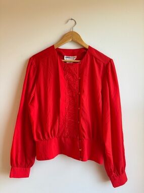 Women's Red Long-Sleeve Button-Front Blouse with Lace Detail